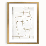 Abstract minimalist wall art framed in gold with a white mat, showcasing geometric shapes and soft tones, ideal for modern home decor.