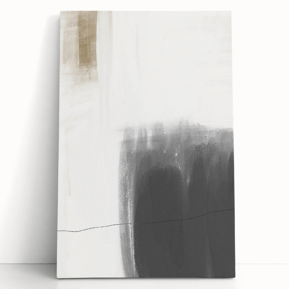 Abstract minimalist wall art on stretched canvas, featuring soft pastel colors and geometric shapes, leaning against a neutral wall for a modern decor aesthetic.