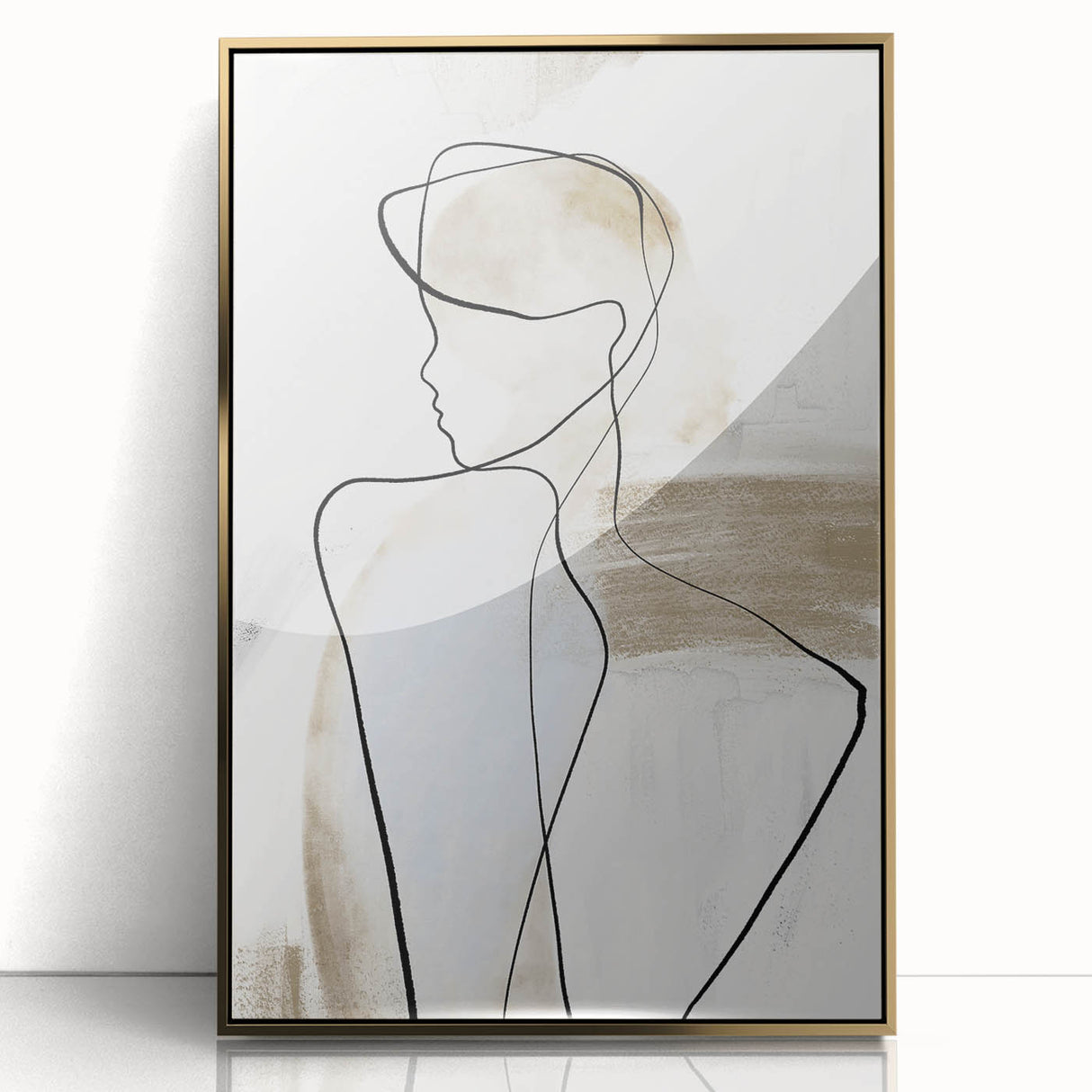 Abstract minimalist wall art featuring a framed acrylic design with gold accents, showcasing a modern aesthetic suitable for contemporary decor. The artwork is elegantly displayed, emphasizing its sleek lines and sophisticated color palette, perfect for enhancing living spaces.