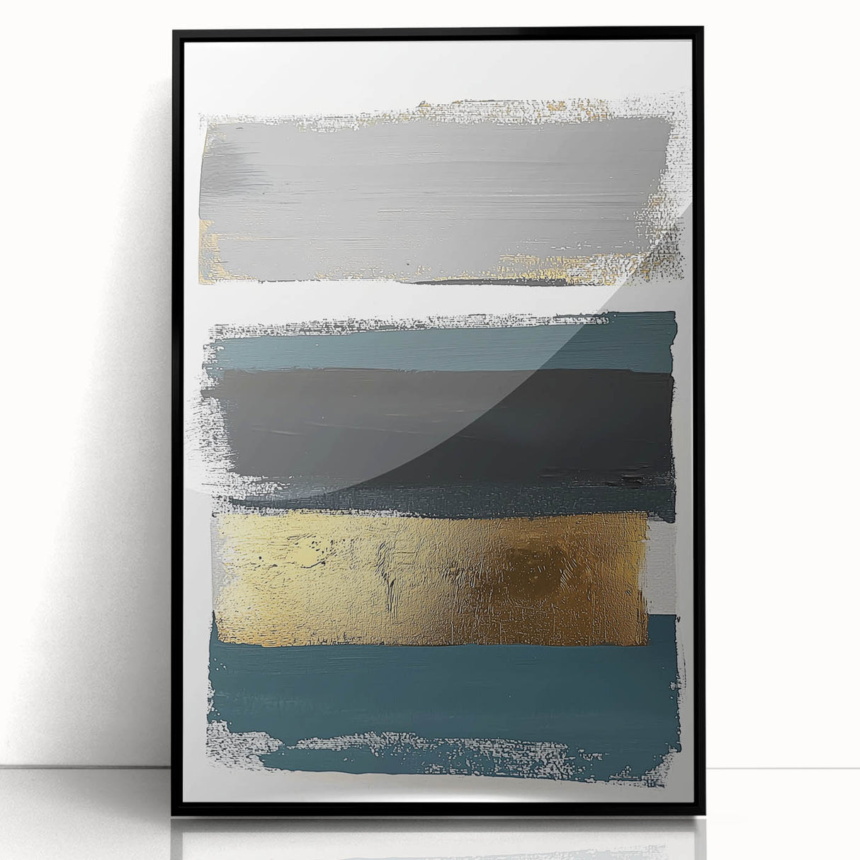 Framed abstract minimalist wall art with a sleek black acrylic front, showcasing geometric shapes and soft hues, perfect for modern home decor.