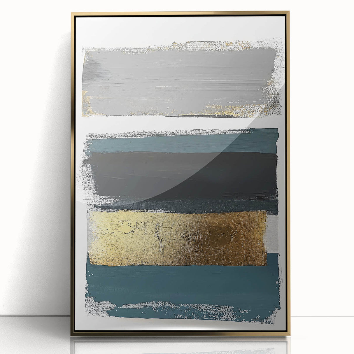 Framed minimalist abstract art piece showcasing a gold-accented design, set against a clear acrylic background. Perfect for modern home decor, adding elegance to any space.