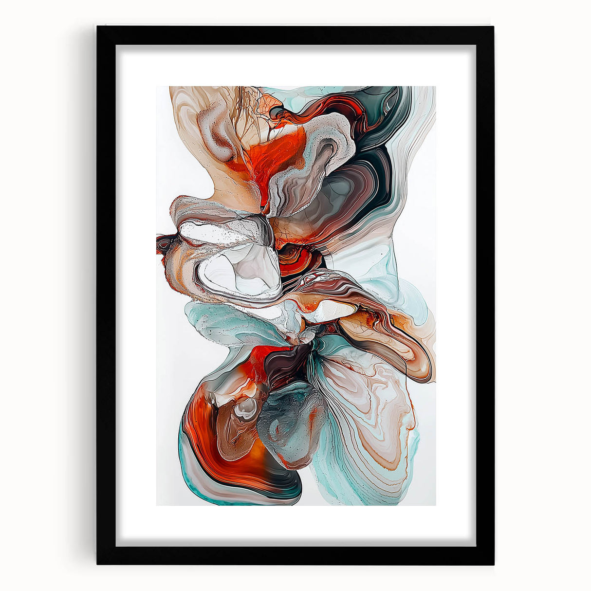 Minimalist black frame with a white mat showcasing an abstract geometric artwork, designed for modern decor. Ideal for enhancing contemporary interiors.