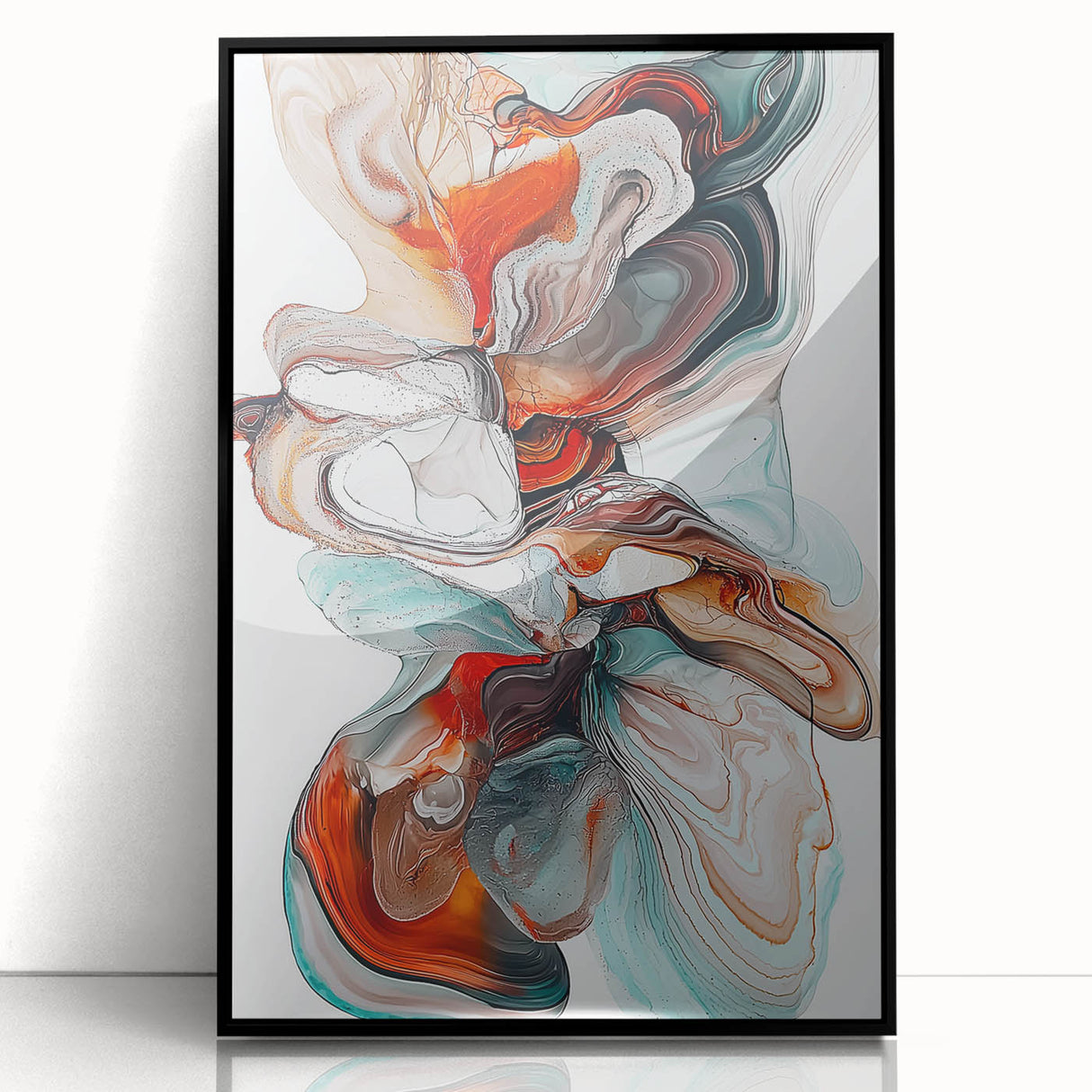 Framed minimalist abstract art piece in black acrylic showcasing bold geometric shapes and smooth lines, perfect for modern home decor.