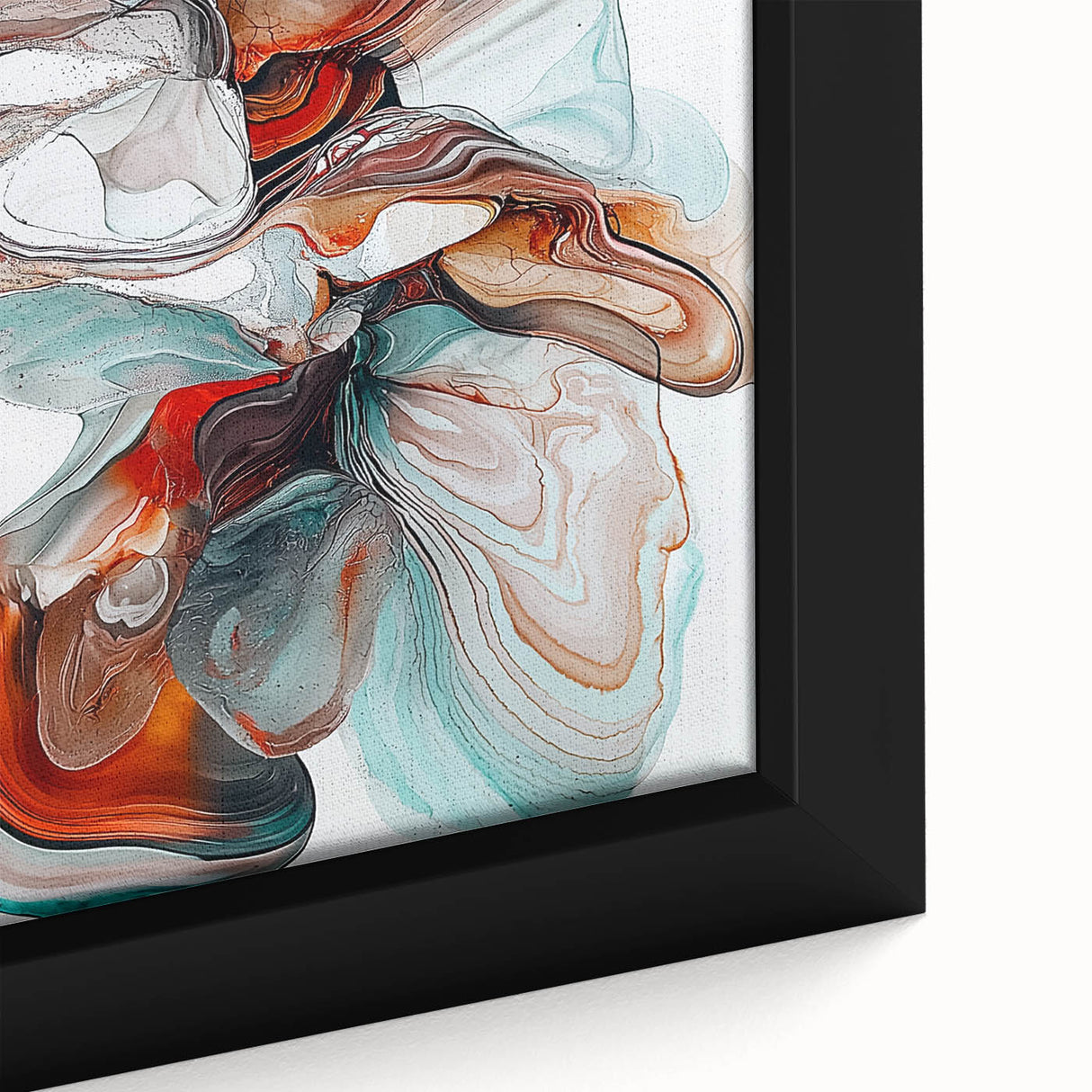 Close-up of an abstract minimalist framed canvas artwork showcasing soft pastel colors and geometric shapes, ideal for modern home decor or office spaces.