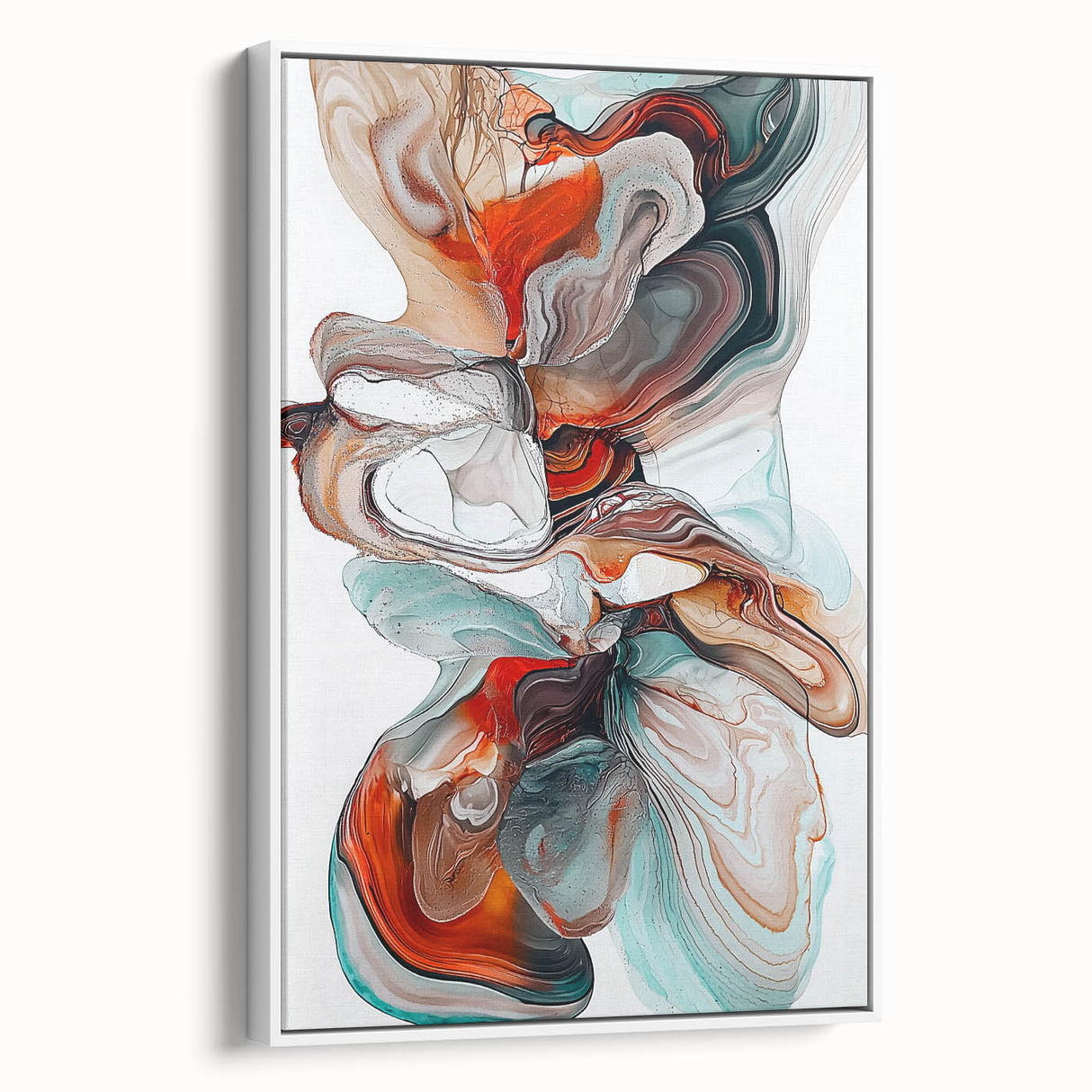 Framed minimalist canvas art in a sleek white frame, showcasing an abstract design with soft pastel colors, ideal for modern home decor and wall enhancement.