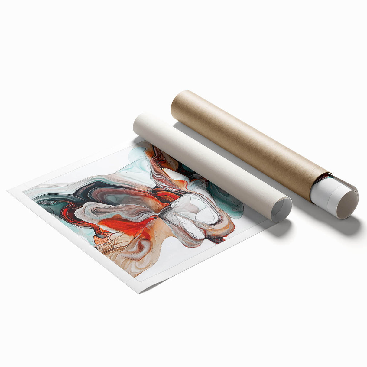 Abstract minimalist rolled print showcasing vibrant geometric shapes in soft pastel colors, elegantly packaged in a protective cardboard tube for easy display.