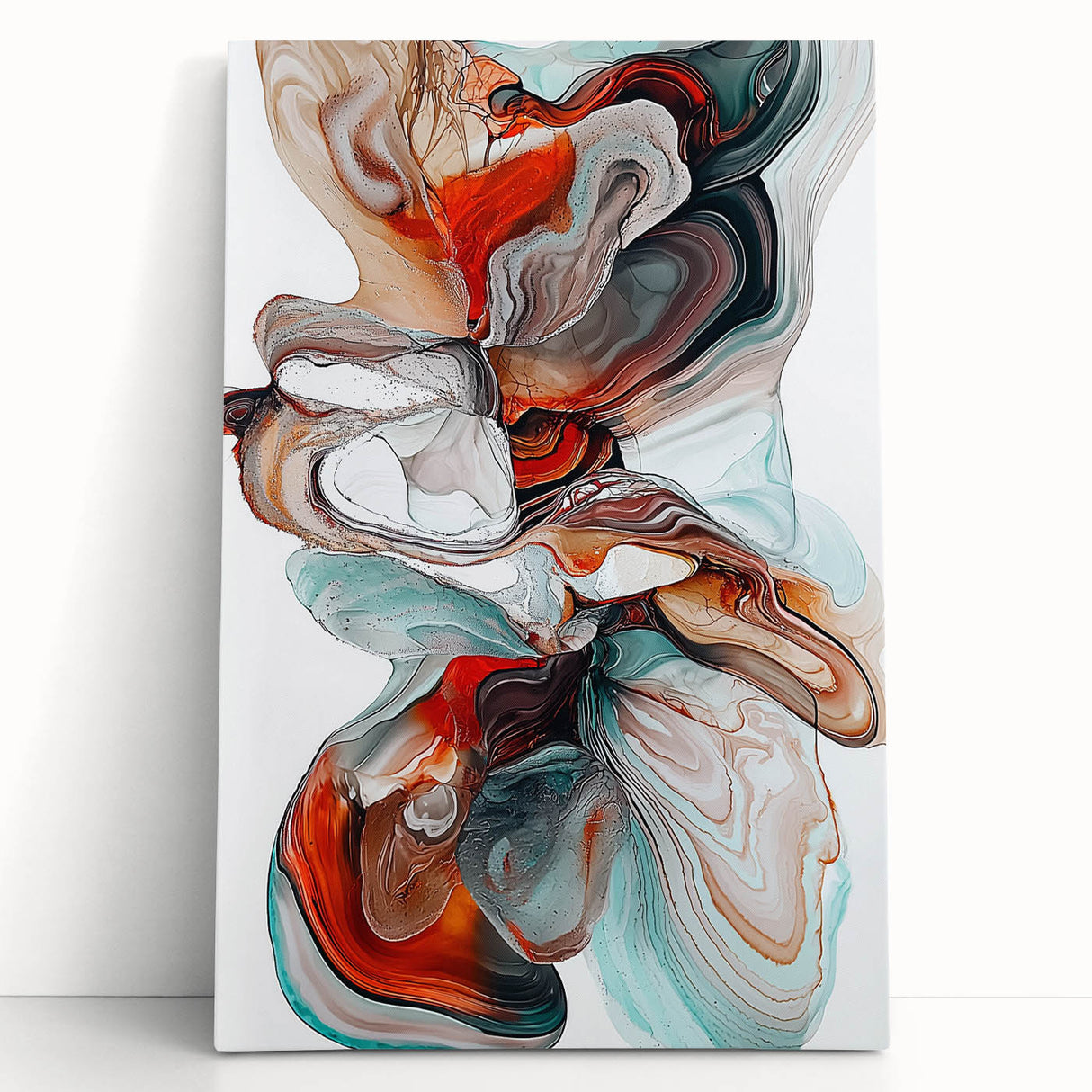 Abstract minimalist stretched canvas artwork featuring soft pastel colors and geometric shapes, leaning against a white wall, ideal for modern home decor.