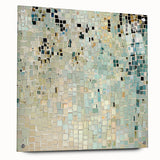 Abstract minimalist acrylic glass artwork in side view, showcasing vibrant colors and geometric shapes, secured with pins for display, perfect for modern decor.