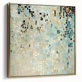 Framed minimalist abstract canvas artwork in silver and gold tones, elegantly displayed against a neutral wall, adding a touch of contemporary sophistication to modern decor.