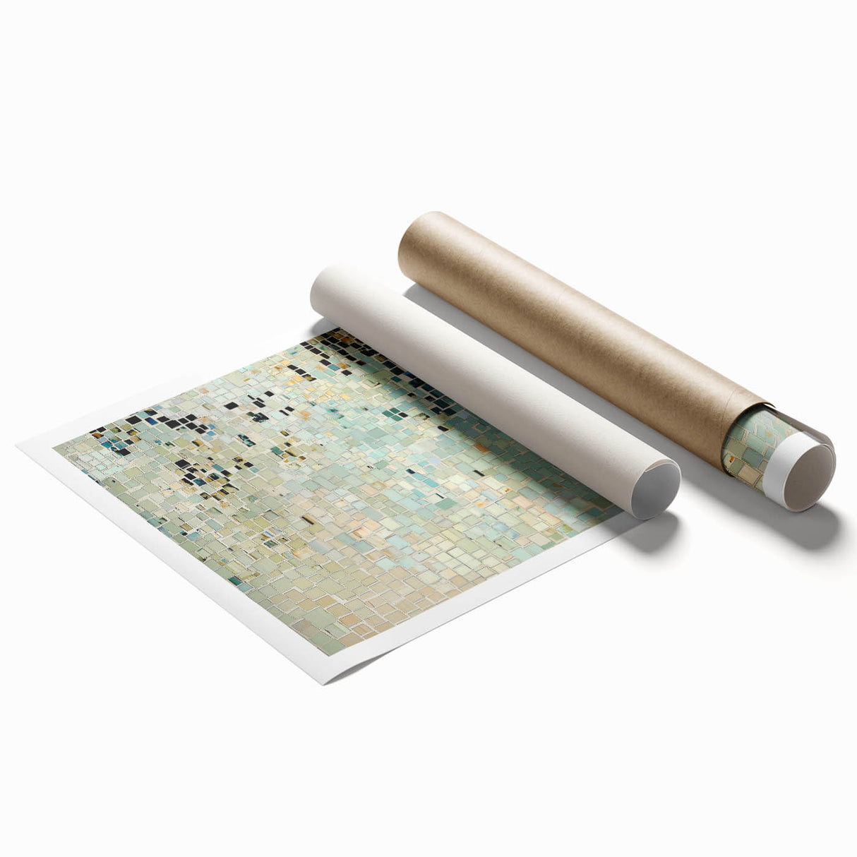 Rolled print showcasing a minimalist abstract design featuring soft pastel colors and geometric shapes, ideal for modern home decor and artistic interiors.