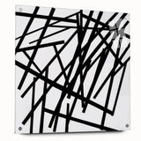 Abstract minimalist acrylic glass artwork displayed in a side view, featuring vibrant colors and geometric patterns, secured with decorative pins, perfect for modern decor.