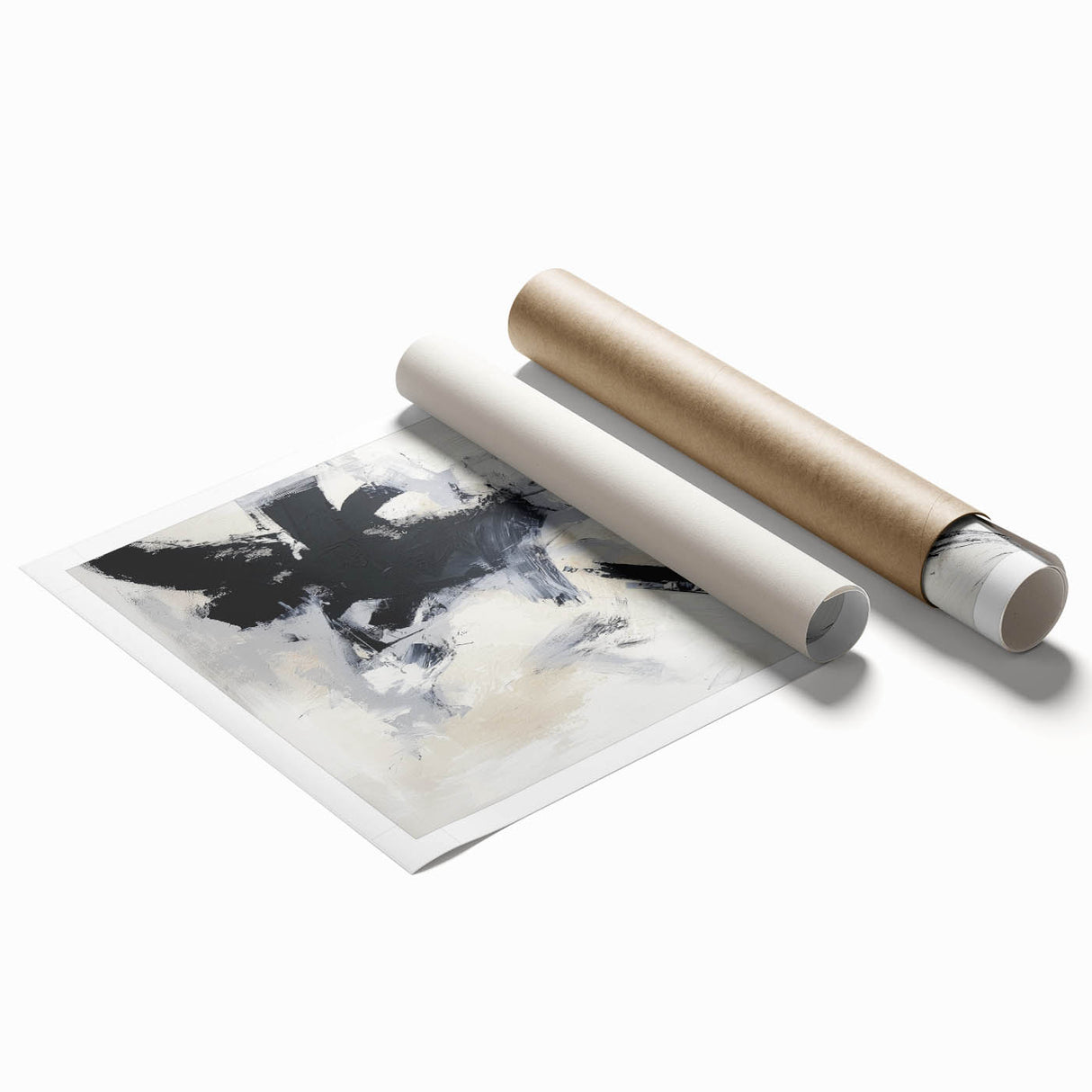 Abstract minimalist rolled print featuring soft pastel colors and geometric shapes, ideal for modern home decor, elegantly packaged in a protective tube.