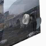 Close-up of an acrylic glass artwork depicting a vibrant landscape with a majestic castle, showcasing intricate details and rich colors, perfect for home decor.