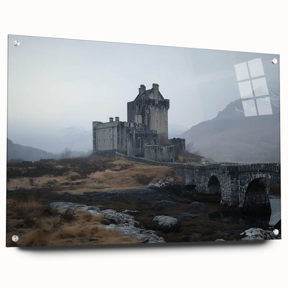 Acrylic glass landscape artwork showcasing a castle from a side view, elegantly mounted with pins, featuring vibrant colors and intricate details, ideal for home decor.