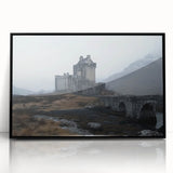 Framed acrylic artwork showcasing a detailed landscape of a castle, with a sleek black frame and glossy finish, perfect for enhancing home decor.