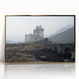 Framed acrylic artwork showcasing a stunning landscape with a castle, elegantly presented in a gold frame, ideal for home decor or wall art enthusiasts.