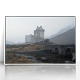 Framed acrylic artwork showcasing a picturesque landscape with a castle, presented in a sleek white frame, perfect for home decor and art enthusiasts.