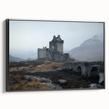 Framed canvas artwork showcasing a stunning landscape with a majestic castle, featuring a black frame and side view, perfect for enhancing home decor.