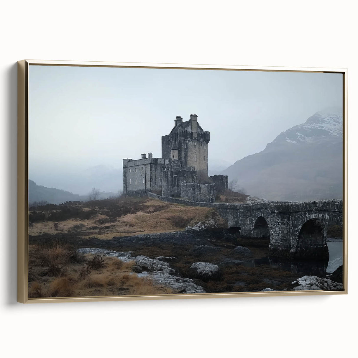 Framed canvas artwork showcasing a picturesque castle landscape with a gold frame, perfect for enhancing home decor. Ideal for art enthusiasts and collectors.