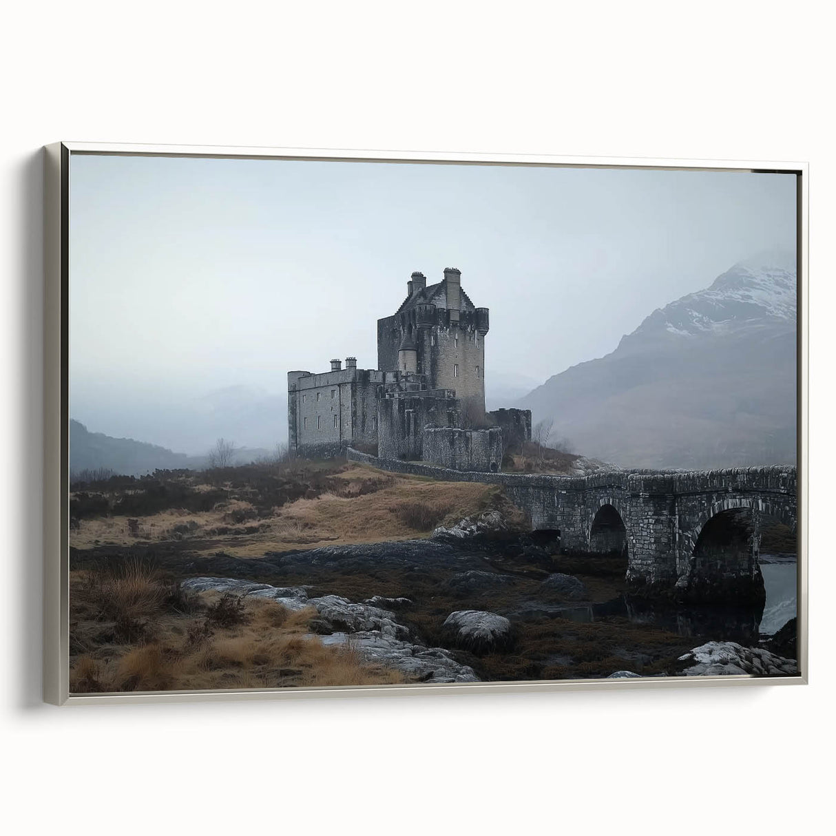 Framed canvas artwork showcasing a stunning castle landscape in vibrant colors, elegantly displayed with a silver frame, perfect for home decor.