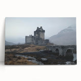 Stretched canvas artwork showcasing a vibrant landscape with a majestic castle set against a serene blue sky, perfect for home decor or art enthusiasts.
