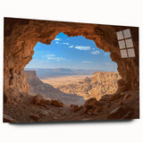 Acrylic glass artwork displaying a serene landscape scene with caves, featuring vibrant colors and intricate details, ideal for modern decor. Perfect for adding an artistic touch to interiors.