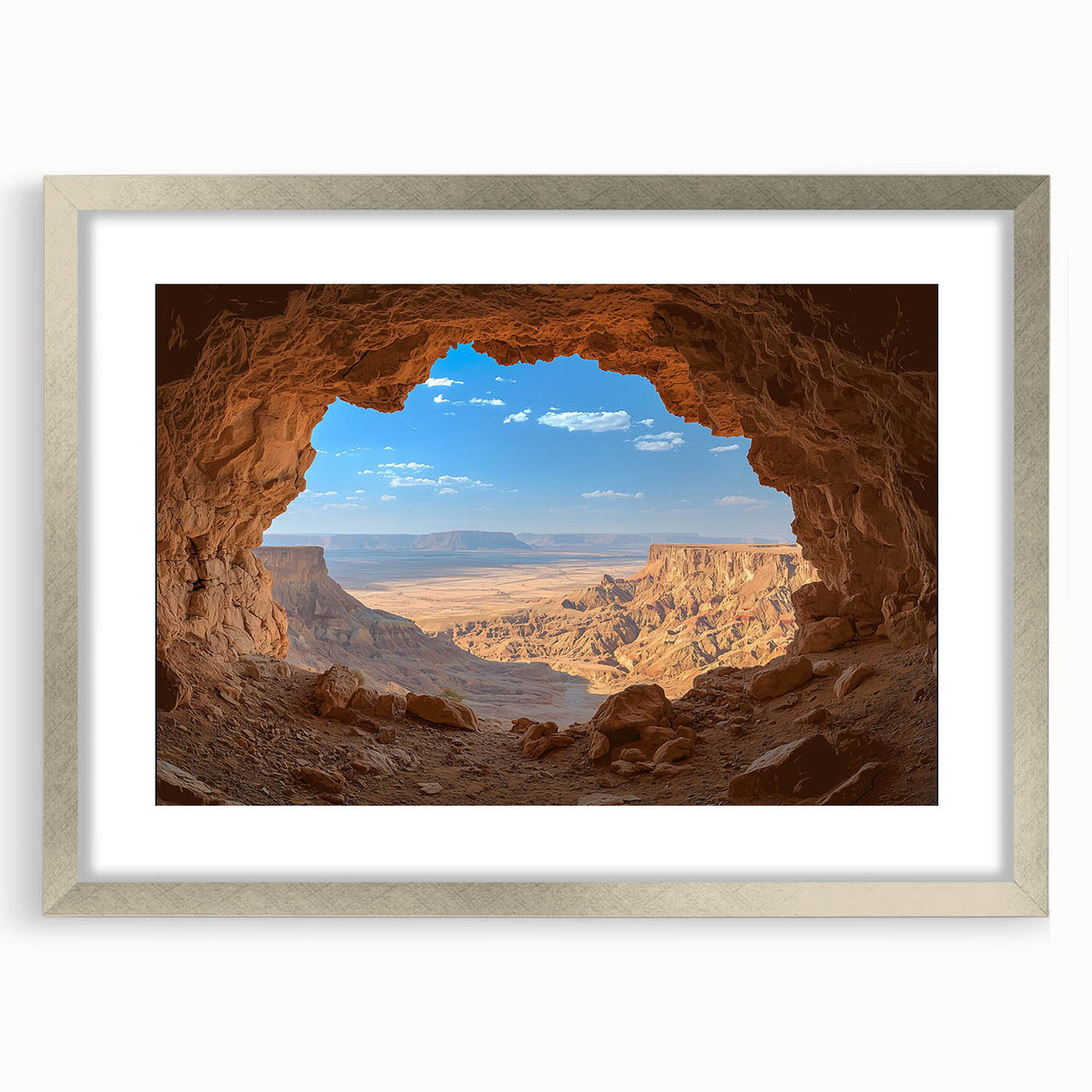 Framed landscape artwork depicting a serene cave scene, featuring a silver mat and elegant frame, ideal for enhancing home decor with natural beauty.
