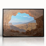 Framed acrylic artwork showcasing a stunning cave landscape with vibrant colors and intricate details, set against a sleek black frame. Ideal for modern decor.