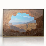 Framed acrylic landscape artwork featuring a stunning cave scene with golden hues, perfect for modern home decor and enhancing interior aesthetics.