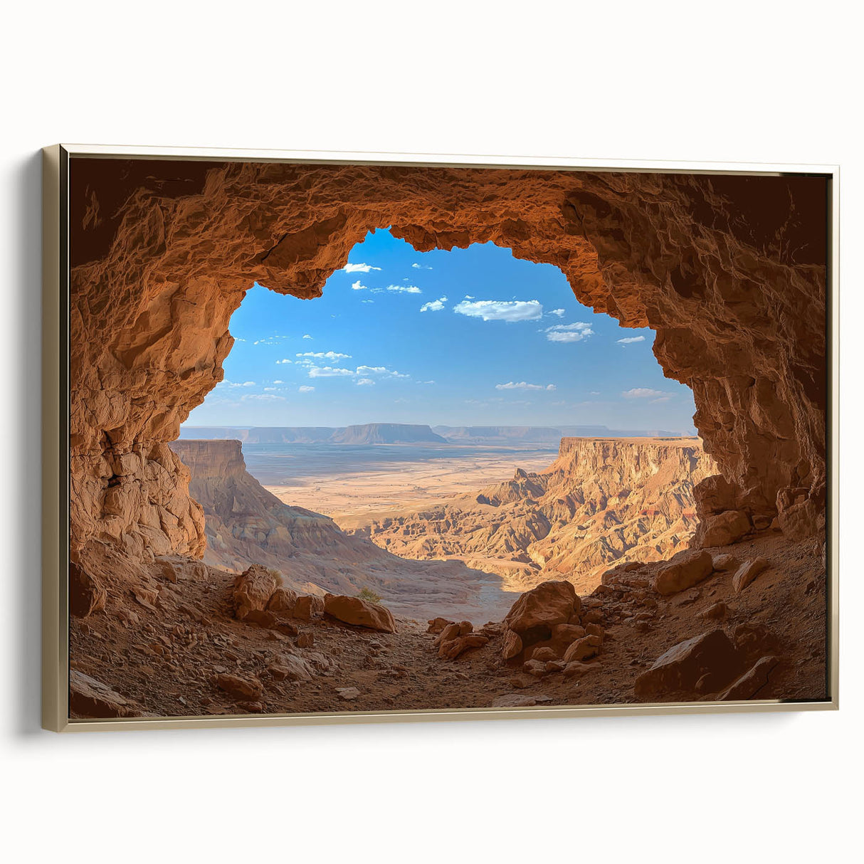 Framed canvas artwork depicting a stunning landscape scene with intricate cave formations, featuring a gold frame that enhances the visual appeal, perfect for home decor.