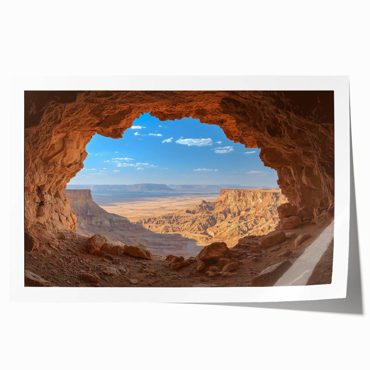 Vibrant rolled print depicting a stunning landscape featuring intricate cave formations, showcasing earthy tones and textures for an artistic home decor accent. Perfect for adding a unique touch to living spaces, this artwork highlights nature's beauty and enhances any interior design.