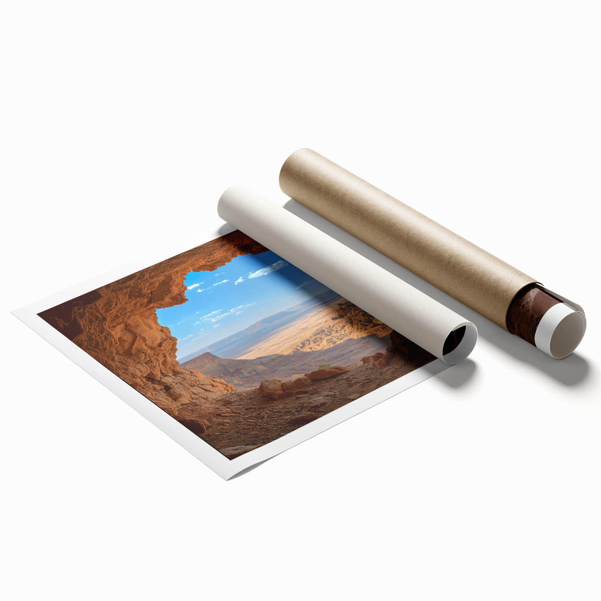Rolled print showcasing a stunning landscape of caves, featuring earthy tones and intricate details, packaged in a durable cardboard tube for easy handling and shipping. Perfect for home decor enthusiasts seeking unique wall art.