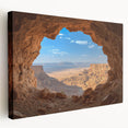 Stretched canvas artwork depicting a serene landscape with caves, showcasing earthy tones and intricate details, ideal for enhancing home decor.