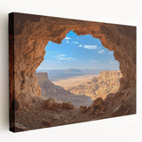 Stretched canvas artwork depicting a serene landscape with caves, showcasing earthy tones and intricate details, ideal for enhancing home decor.