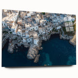 Acrylic landscape artwork depicting dramatic cliffs in vibrant colors, displayed in a sleek glass frame, perfect for modern home decor. Ideal for nature enthusiasts.