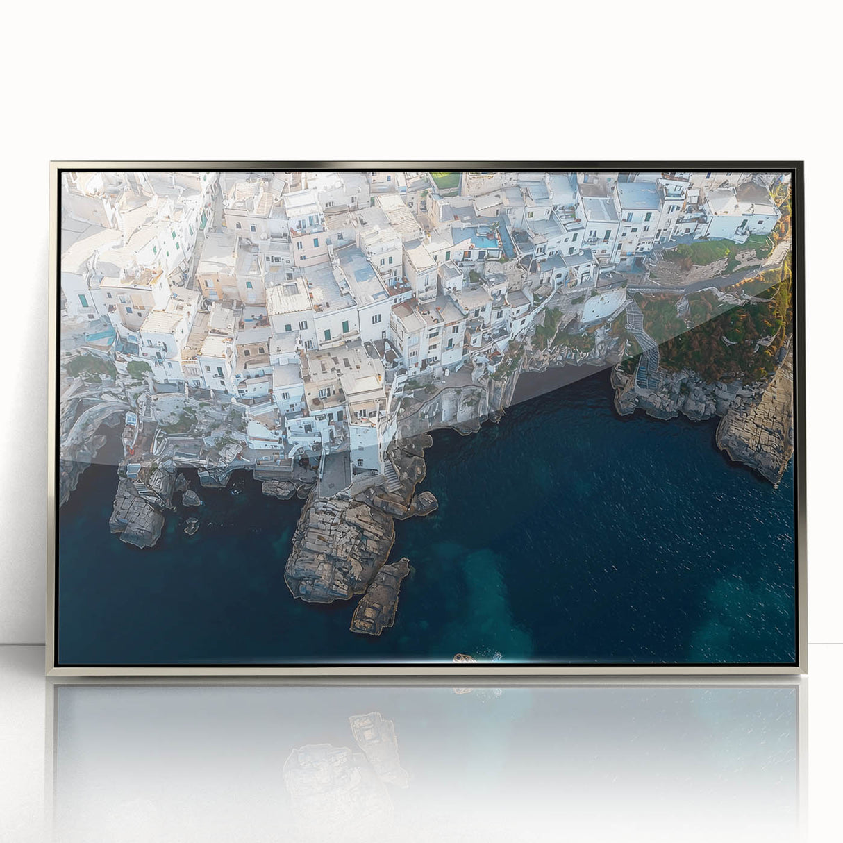 Framed acrylic artwork depicting dramatic cliffs in a landscape setting, featuring silver accents and a modern design, perfect for home decor enhancement.