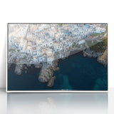 Framed acrylic artwork depicting a stunning landscape of cliffs against a vibrant sky, showcasing intricate details and vivid colors, perfect for modern home decor.