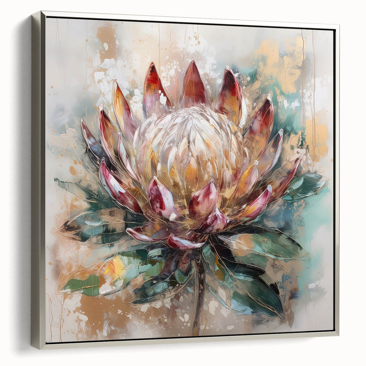 Burgundy and Gold Floral Wall Art – Elegant Canvas for Living Room