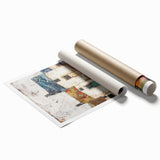 Abstract architectural wall art print showcasing geometric shapes in shades of blue, gray, and white, rolled for easy shipping and display. Ideal for modern home decor.