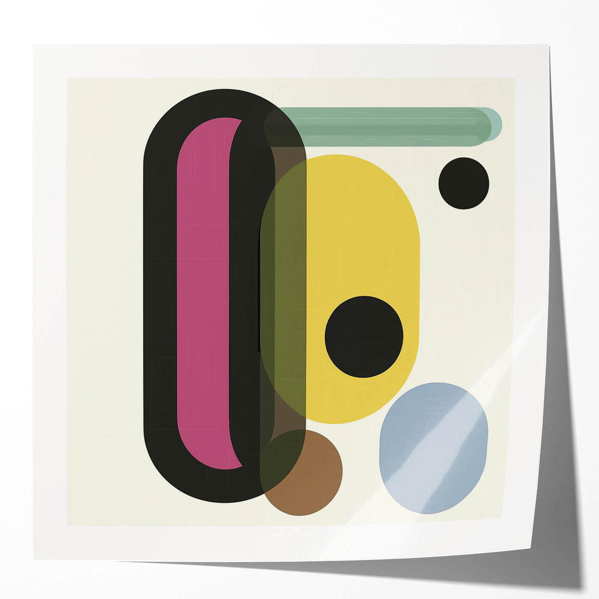 Abstract geometric print mockup featuring a glossy finish, showcasing vibrant colors and sharp lines, ideal for modern decor presentations and design portfolios.