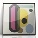 Abstract geometric acrylic wall art framed in black, showcasing vibrant colors and intricate shapes, perfect for modern home decor or office settings.