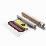 Abstract geometric rolled print showcasing vibrant colors and intricate patterns, elegantly packaged in a protective cardboard tube for stylish home decor.