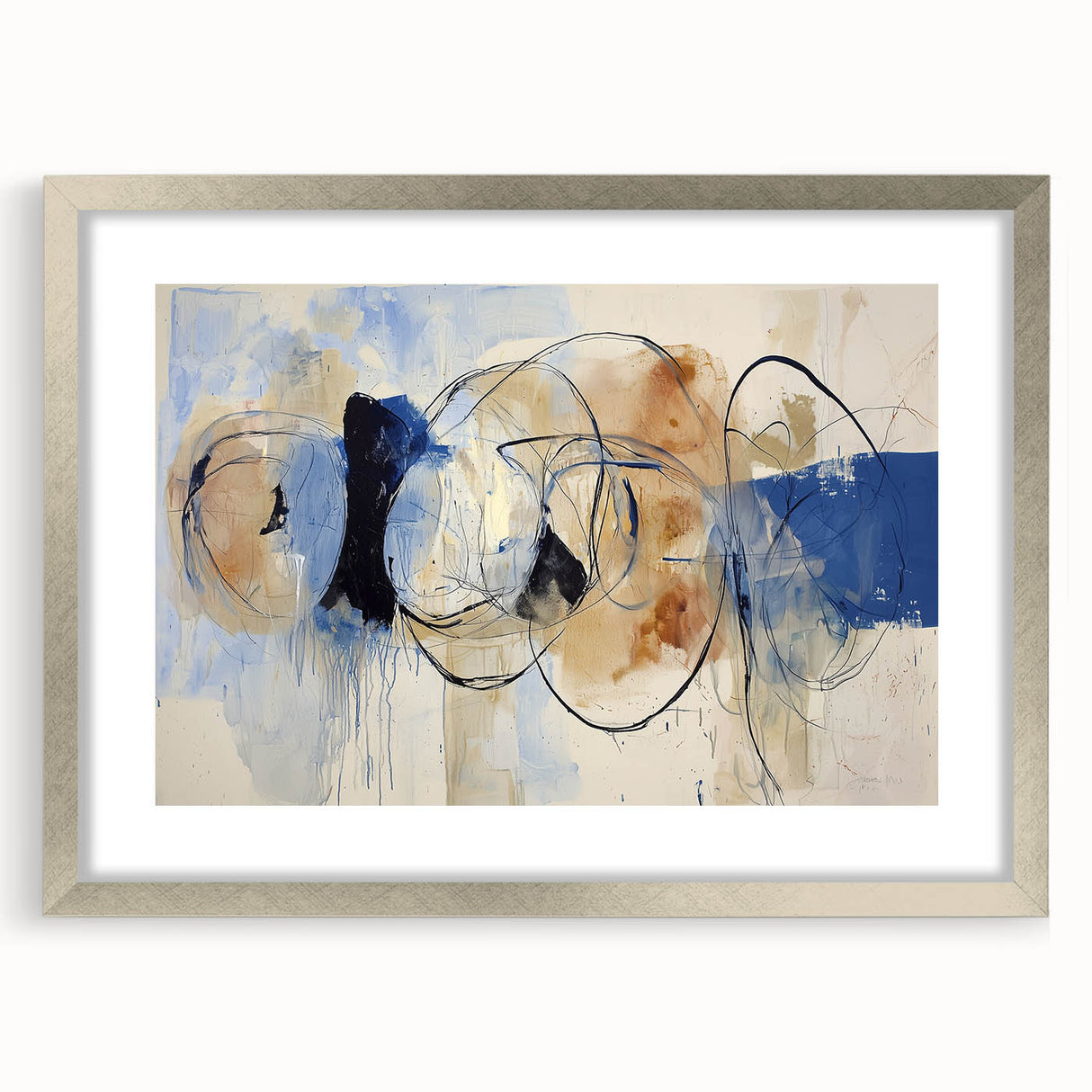 Abstract splatters frame with a silver mat, showcasing vibrant colors and intricate designs, perfect for modern decor in home or office settings.