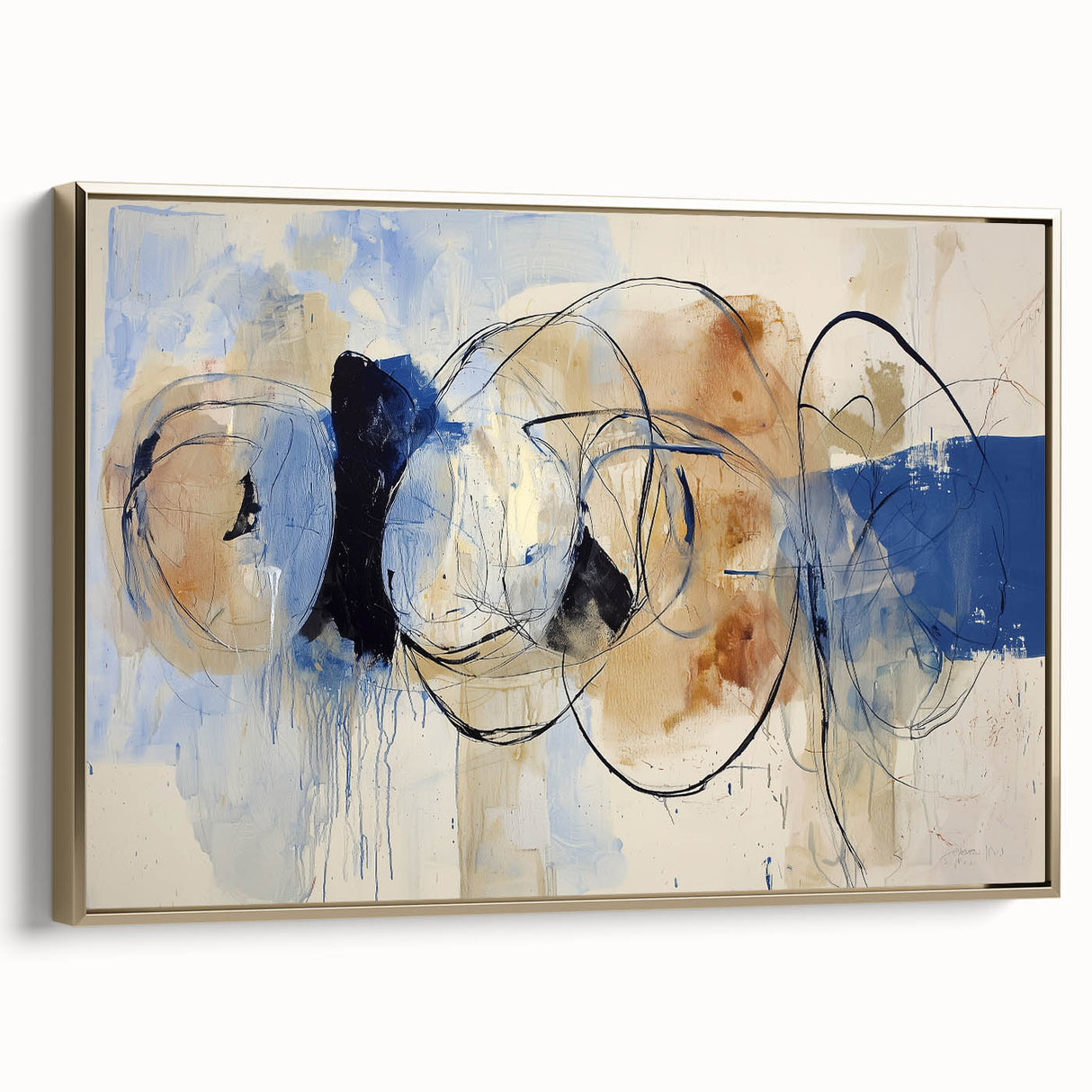 Framed canvas artwork showcasing abstract gold splatters on a textured surface, designed to enhance modern home decor with a stylish side view display.