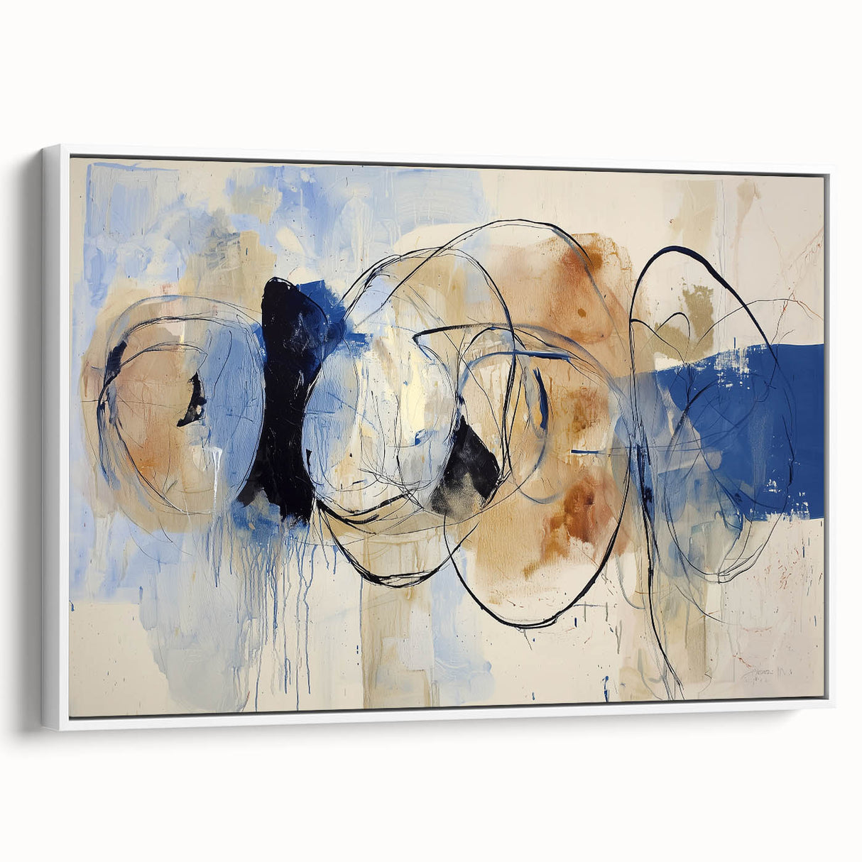 Abstract splatter art canvas with a white frame, showcasing vibrant colors and dynamic patterns, perfect for modern home decor or art enthusiasts.