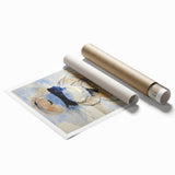 Abstract splatter art print showcasing vibrant colors of blue, pink, and yellow, rolled and ready for framing or display, emphasizing a modern artistic flair.