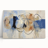 Abstract splattered canvas art showcasing vibrant colors of blue, yellow, and red, perfect for modern home decor. The artwork leans against a neutral wall, adding a dynamic and energetic touch to the space. Ideal for contemporary art enthusiasts looking to enhance their interior design.