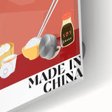 Large abstract wall art featuring assorted food dishes in muted earth tones on acrylic glass, ideal for dining room decor.