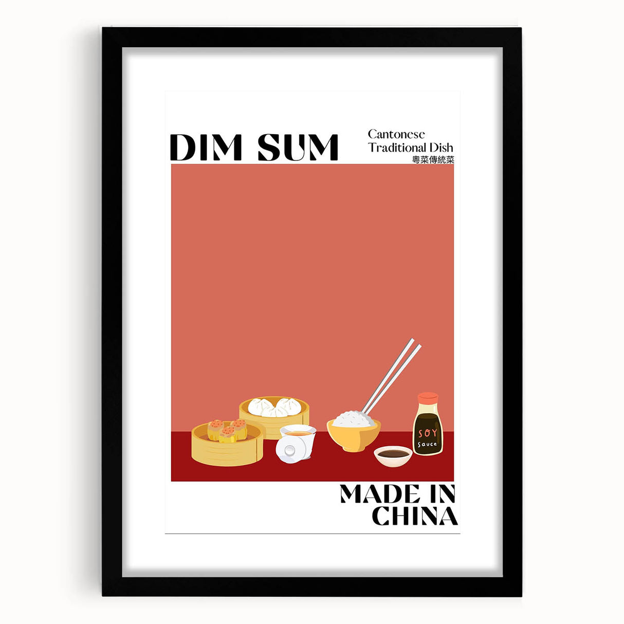 Extra large abstract art print featuring colorful, textured food dishes on a black framed canvas.