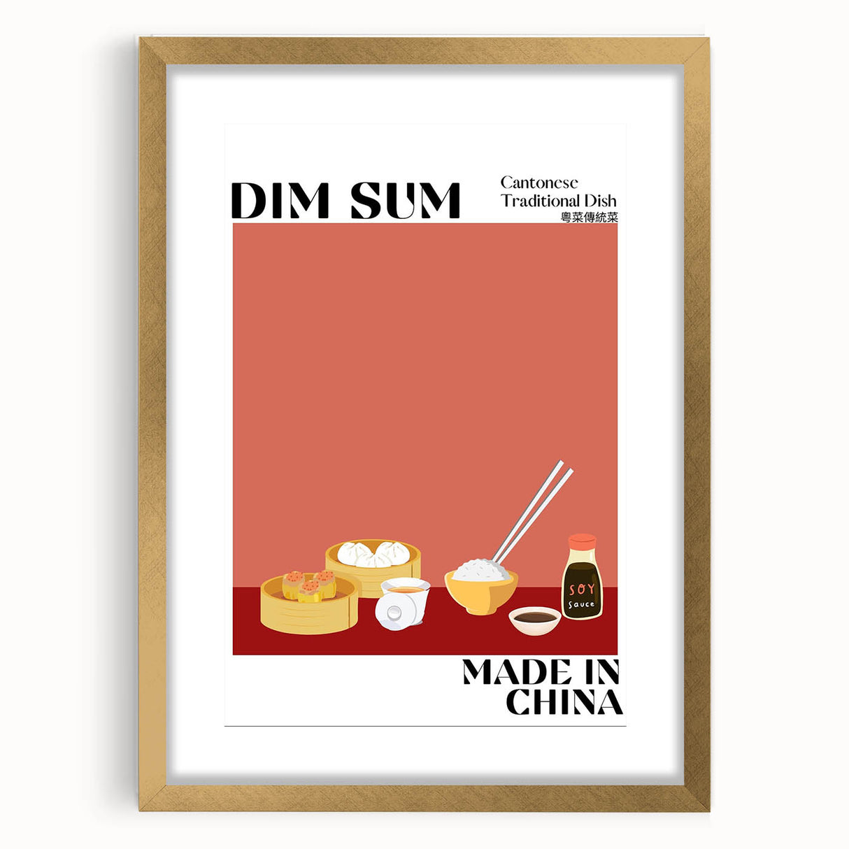 Extra large textured abstract art print of assorted food dishes in muted earth tones, framed in gold.